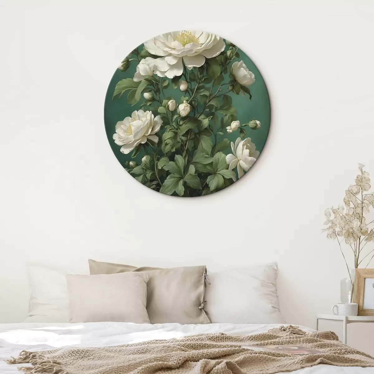 Runde Wandbilder Cremefarbene Pfingstrosenblüten auf grünem Hintergrund r45491