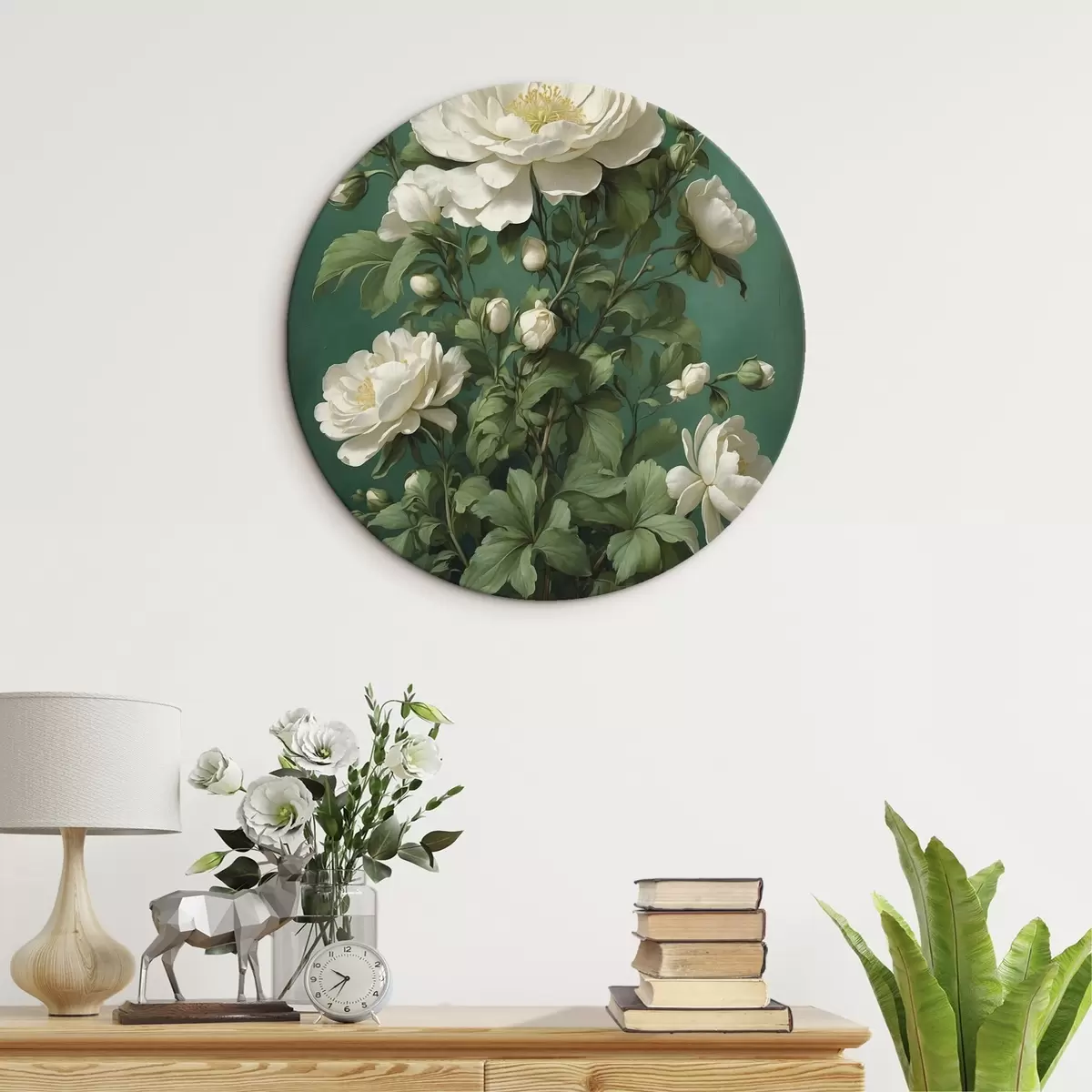 Runde Wandbilder Cremefarbene Pfingstrosenblüten auf grünem Hintergrund r45491