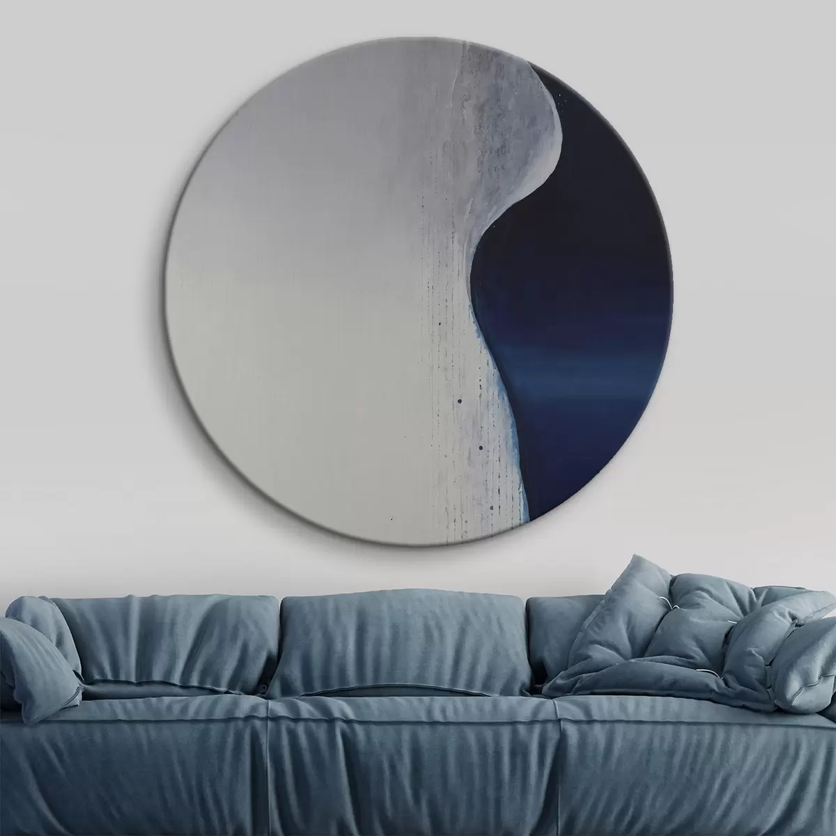 Runde Wandbilder Abstrakte Malerei in den Farben Weiß, Blau und Dunkelblau r45493
