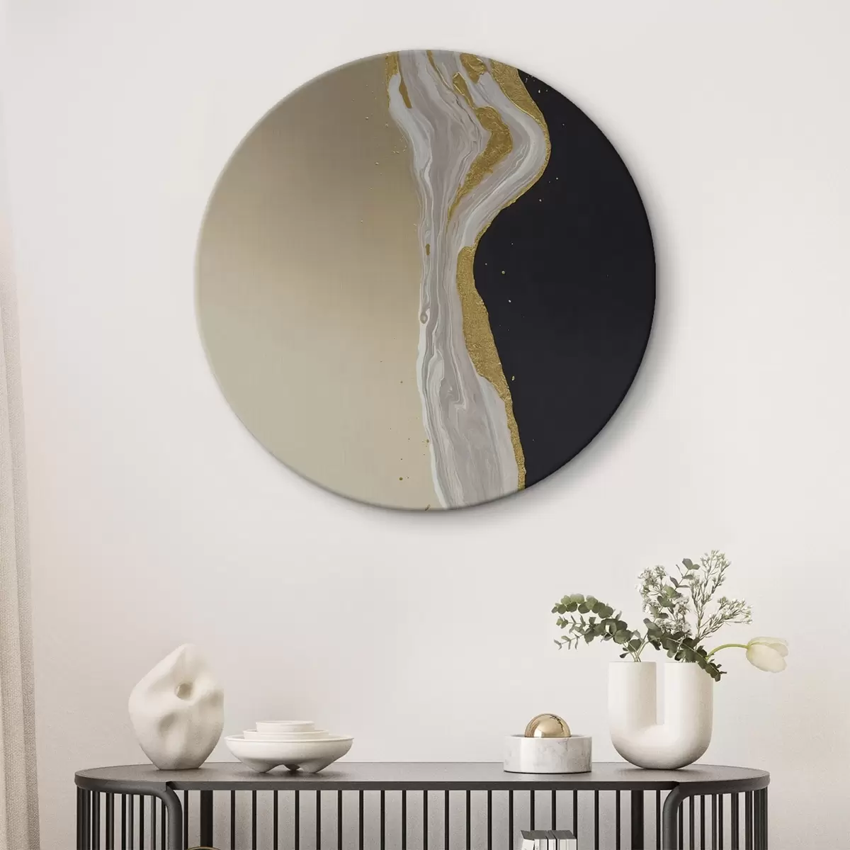 Runde Wandbilder Cremefarbene Pfingstrosenblüten auf grünem Hintergrund r45494
