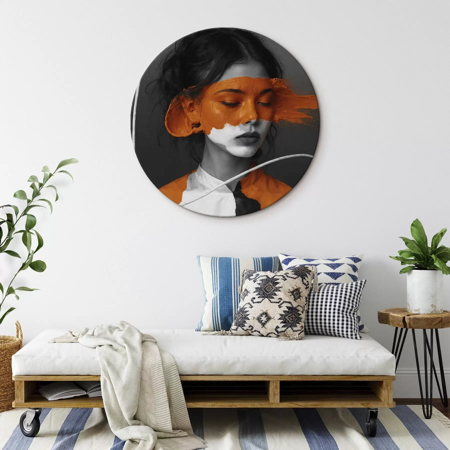 Fototapete Porträt eines Mädchens mit einem abstrakten orangefarbenen Bild r45495