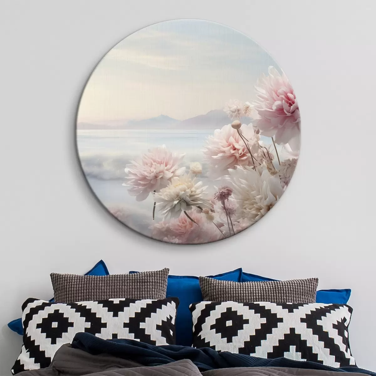 Runde Wandbilder Zartrosa Blumen am Meer in der Morgendämmerung r45496