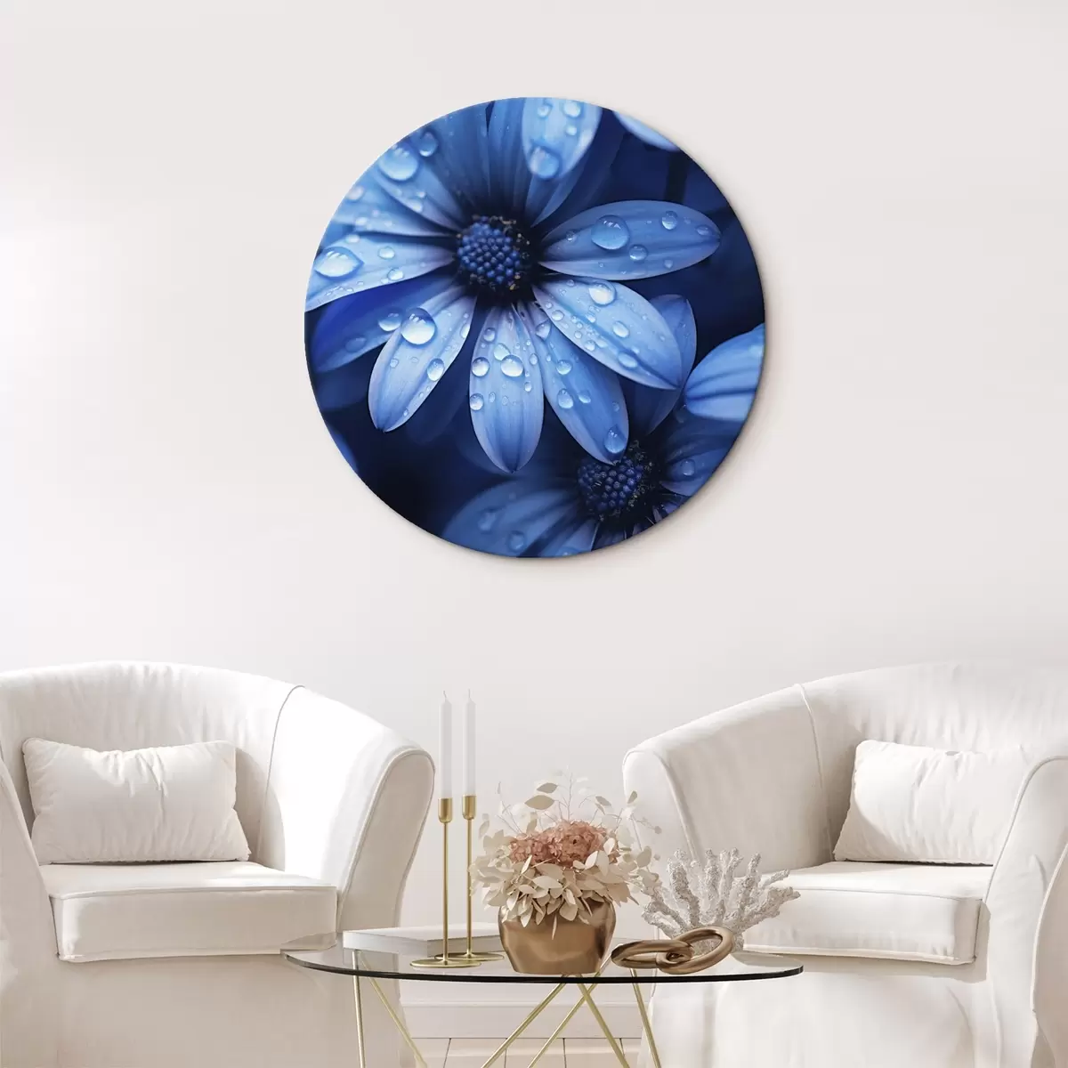 Runde Wandbilder Zartrosa Blumen am Meer in der Morgendämmerung r45499