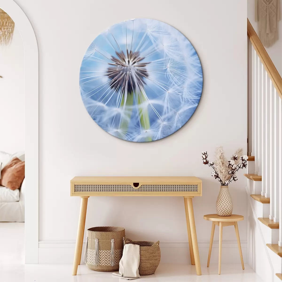 Runde Wandbilder Makroaufnahme einer Pusteblume auf blauem Hintergrund r45517