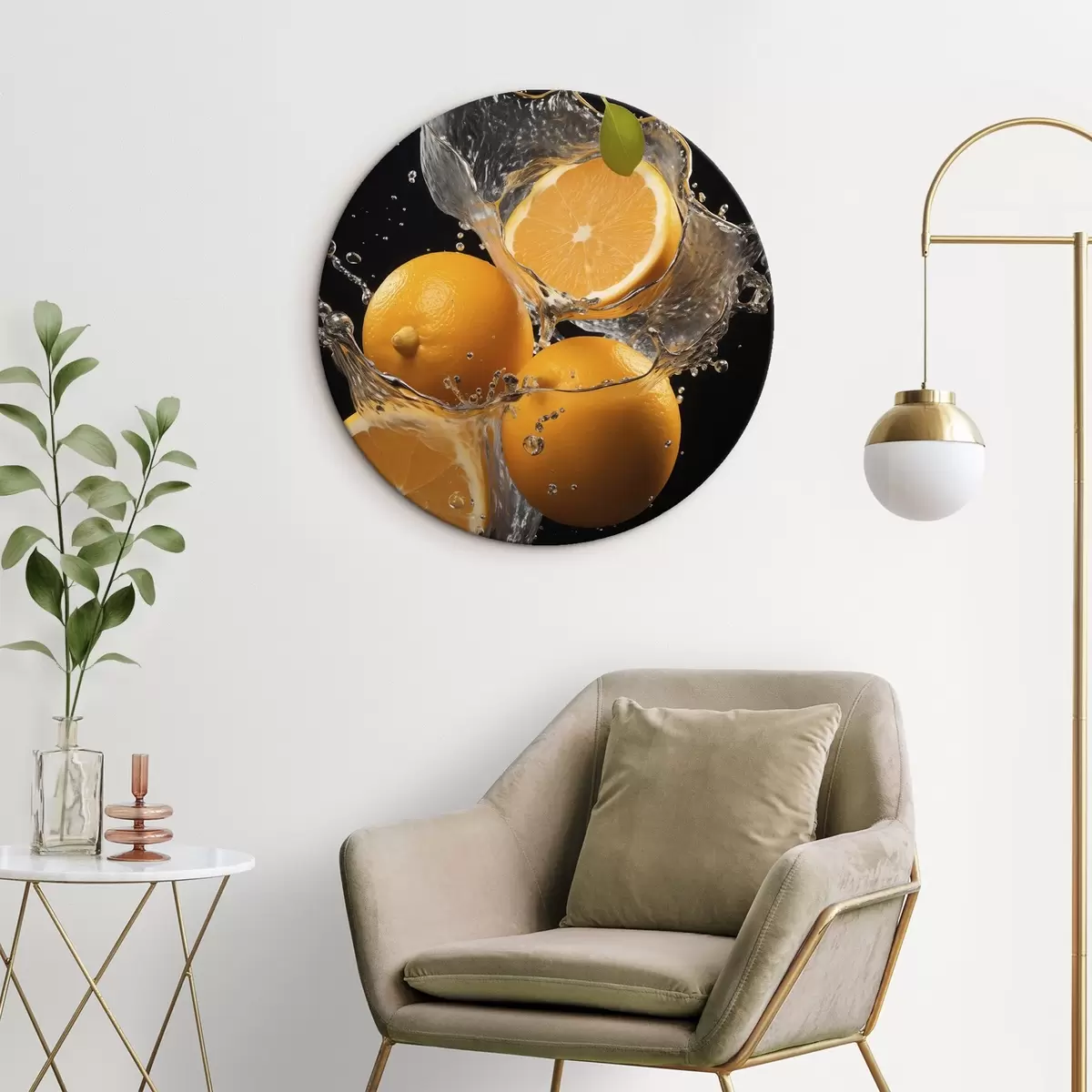 Runde Wandbilder Saftige Orangen in Wasserspritzern r45526