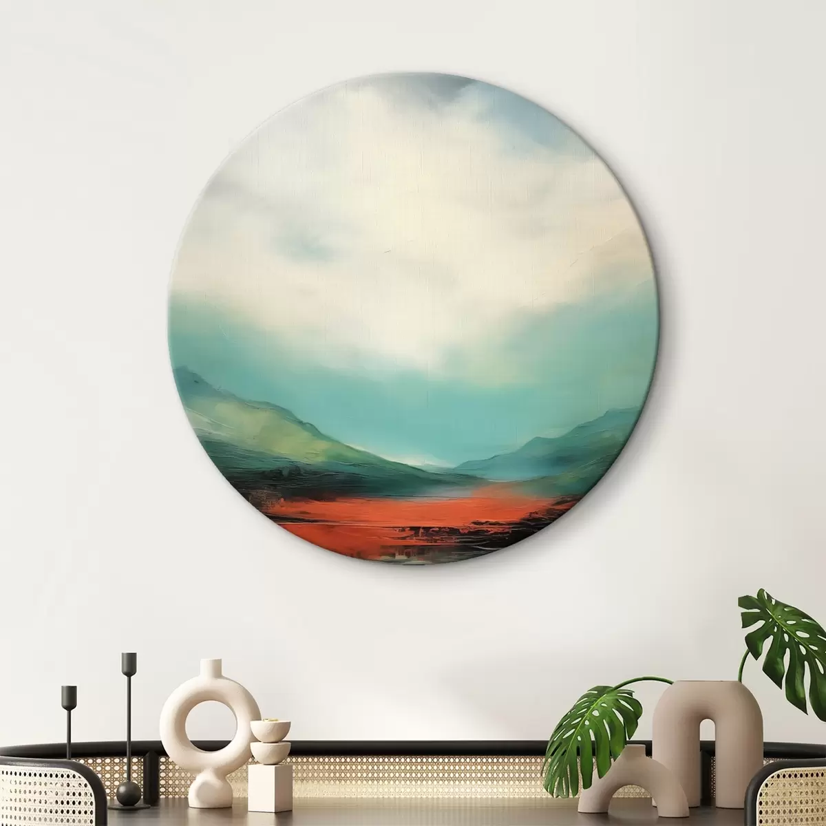 Runde Wandbilder Helle Landschaft mit Wolken und Bergen r45626