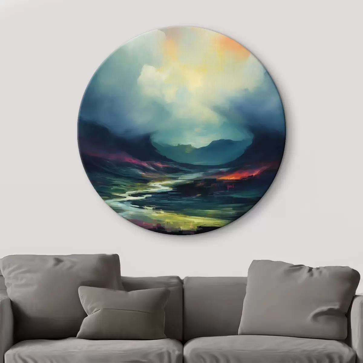 Runde Wandbilder Abstrakte Landschaft mit einem Fluss und Bergen r45627