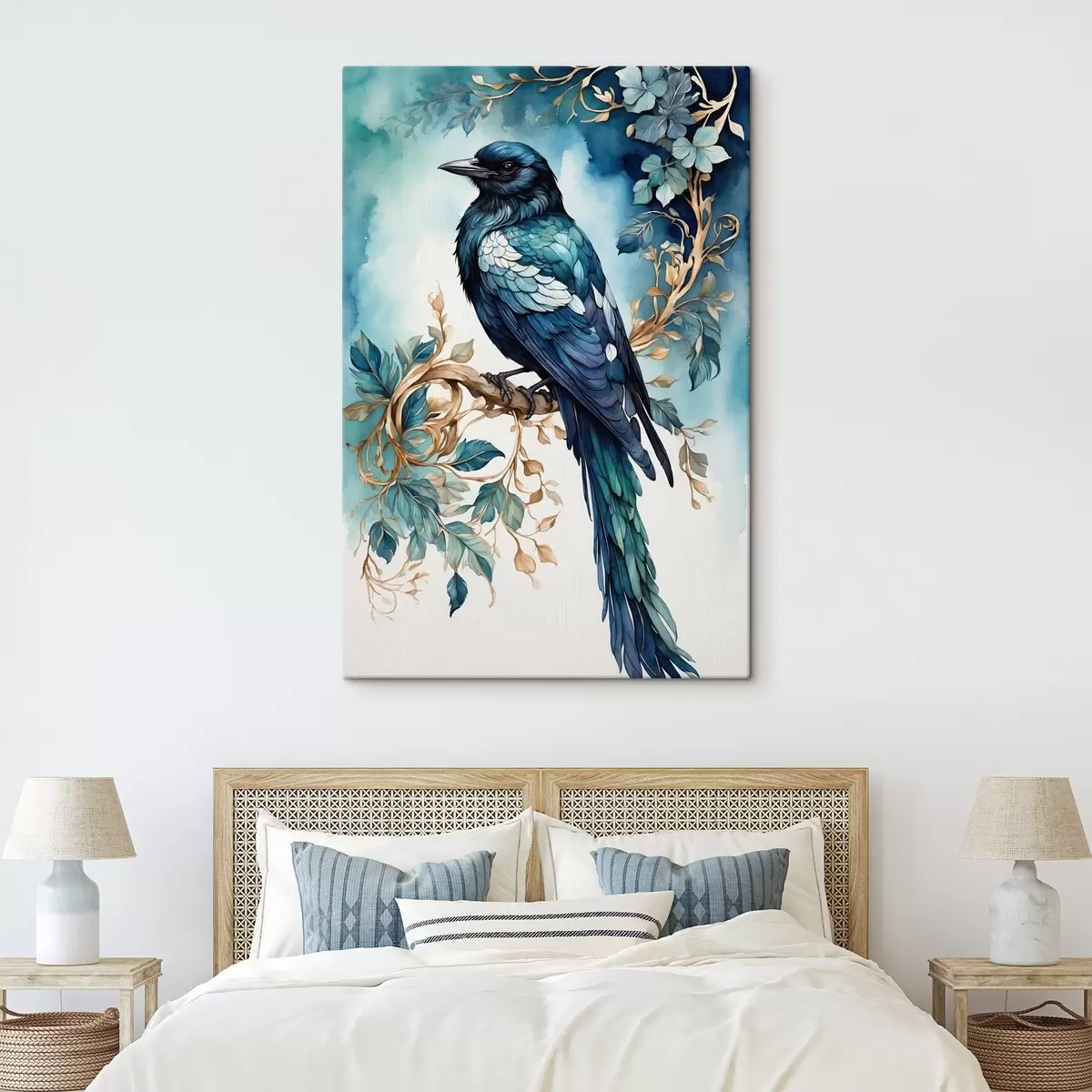 Fototapete Blauer Vogel auf einem Zweig mit Blättern im Aquarellstil s45483