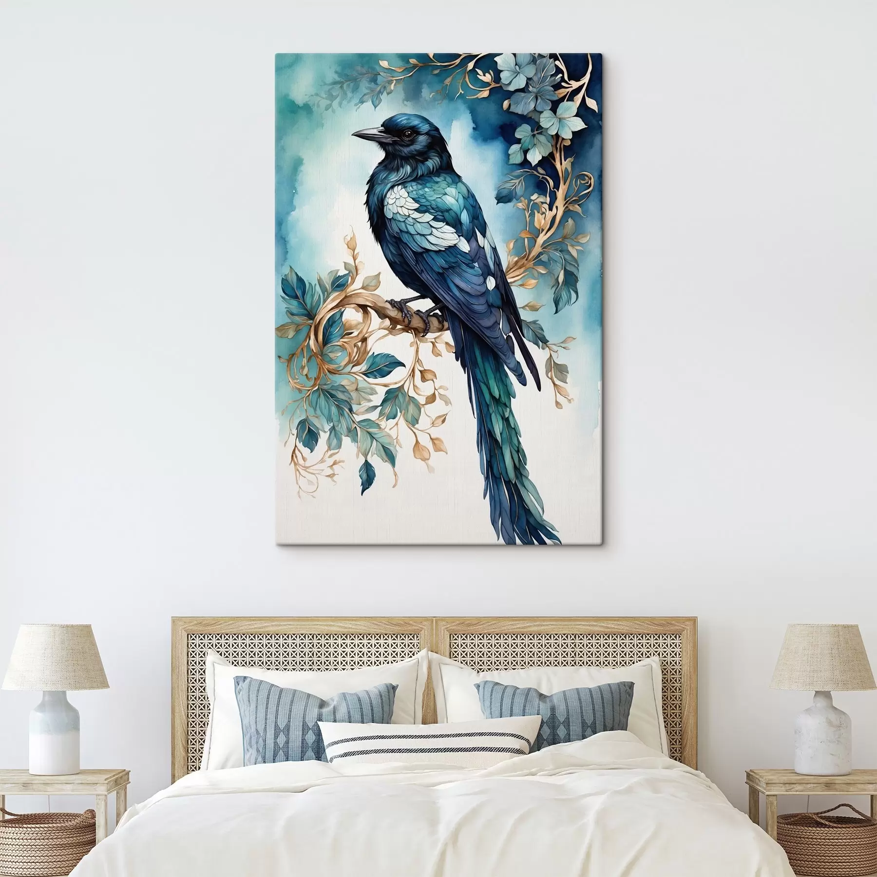 Fototapete Blauer Vogel auf einem Zweig mit Blättern im Aquarellstil s45483