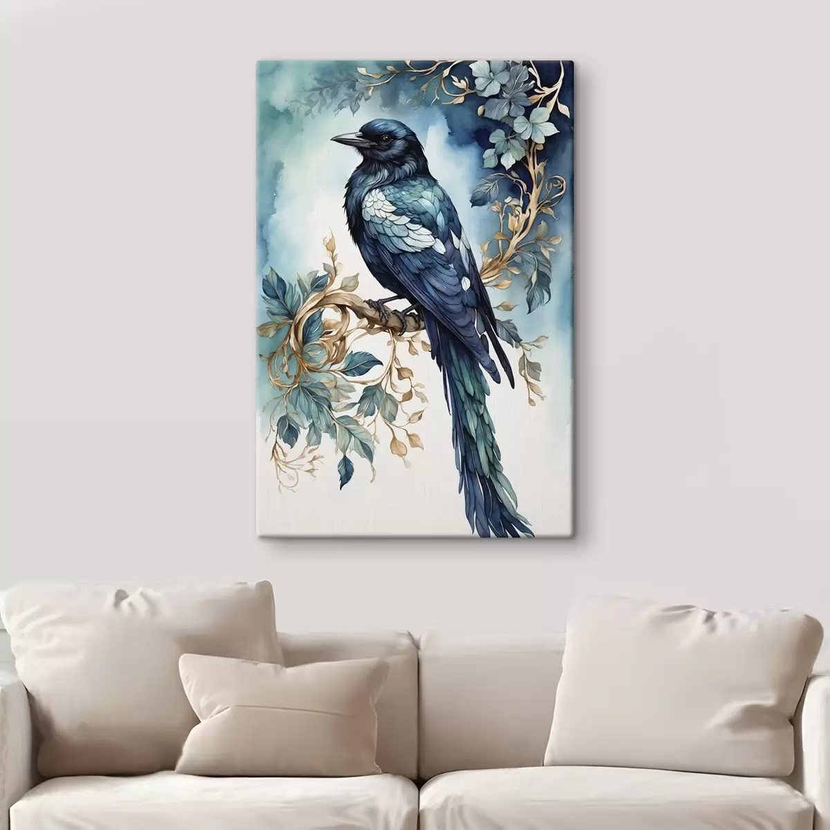 Fototapete Blauer Vogel auf einem Zweig mit Blättern im Aquarellstil s45483