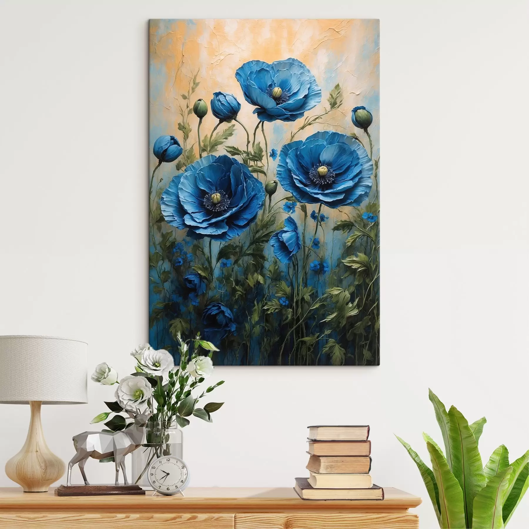 Fototapete Große blaue Mohnblumen mit Knospen auf hellem Hintergrund s45488