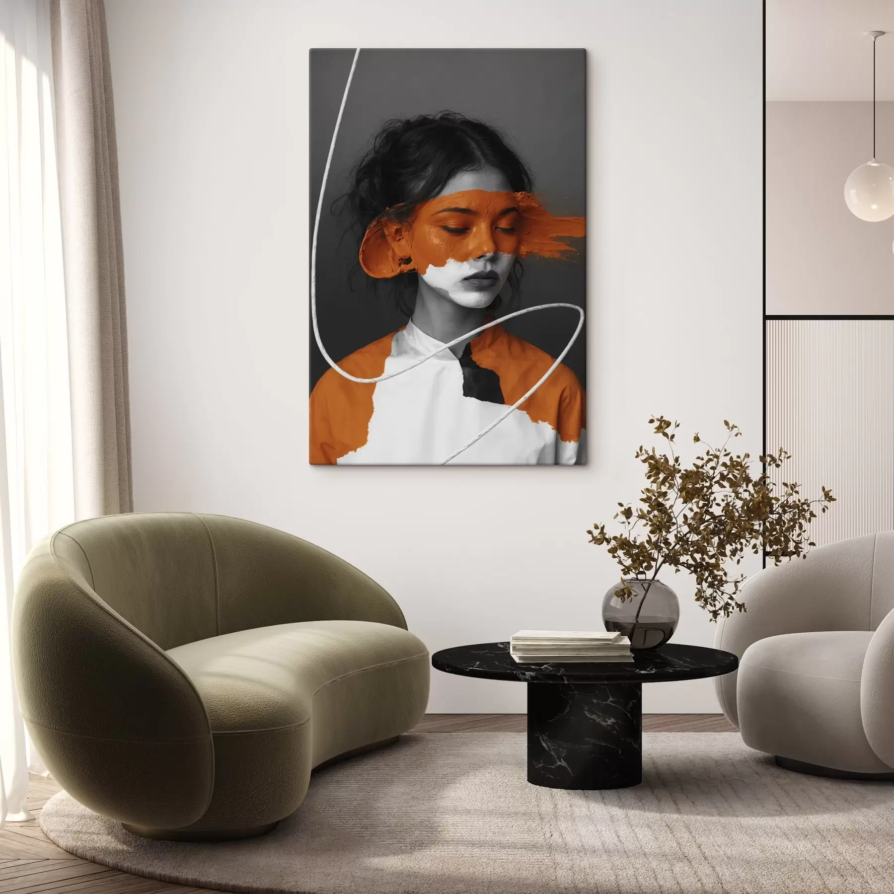 Fototapete Porträt eines Mädchens mit einem abstrakten orangefarbenen Bild s45495