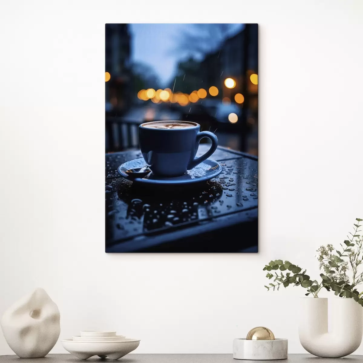 Fototapete Eine Tasse Kaffee auf dem Tisch im Regen s45497