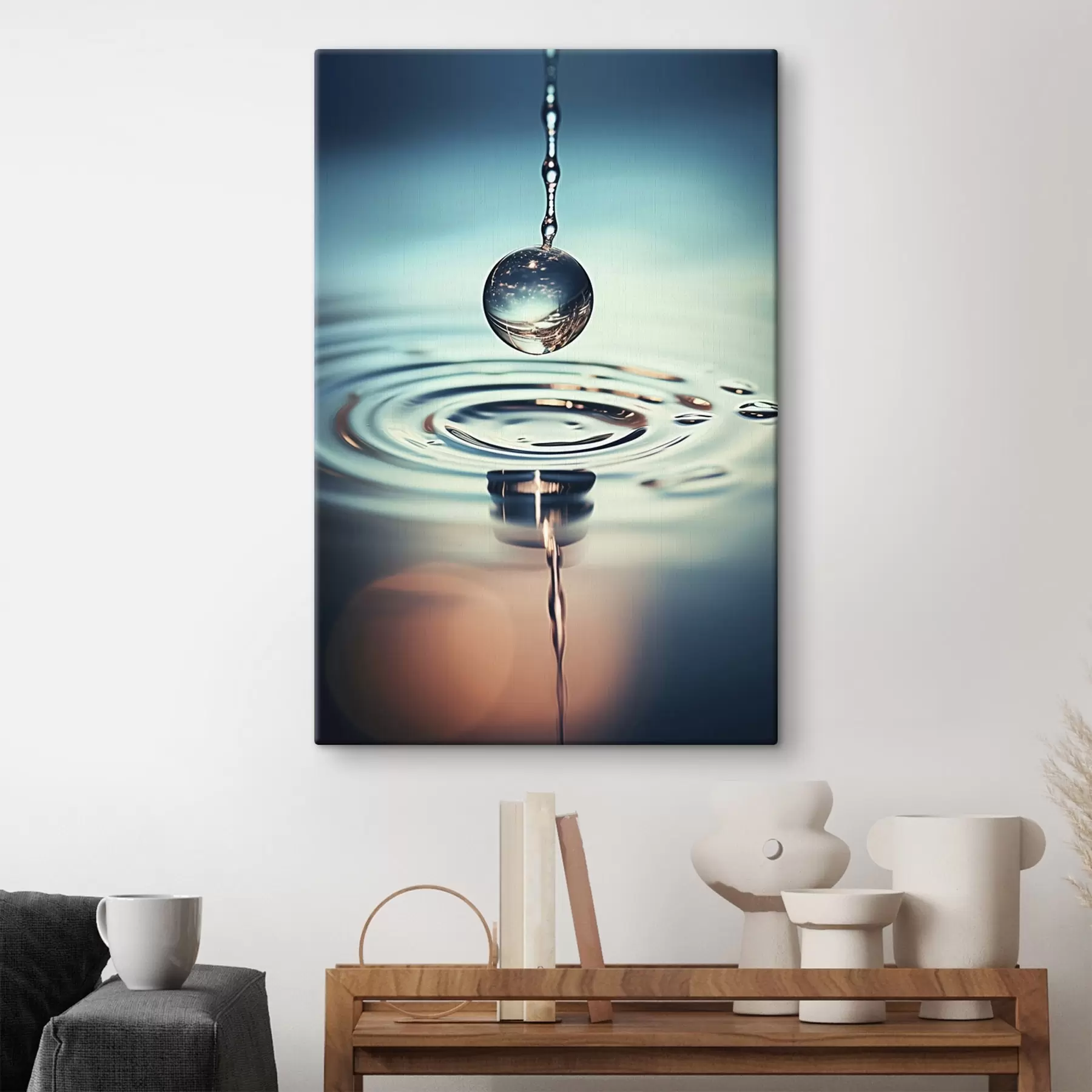 Fototapete Ein Wassertropfen, der mit Lichtblitzen fällt s45501