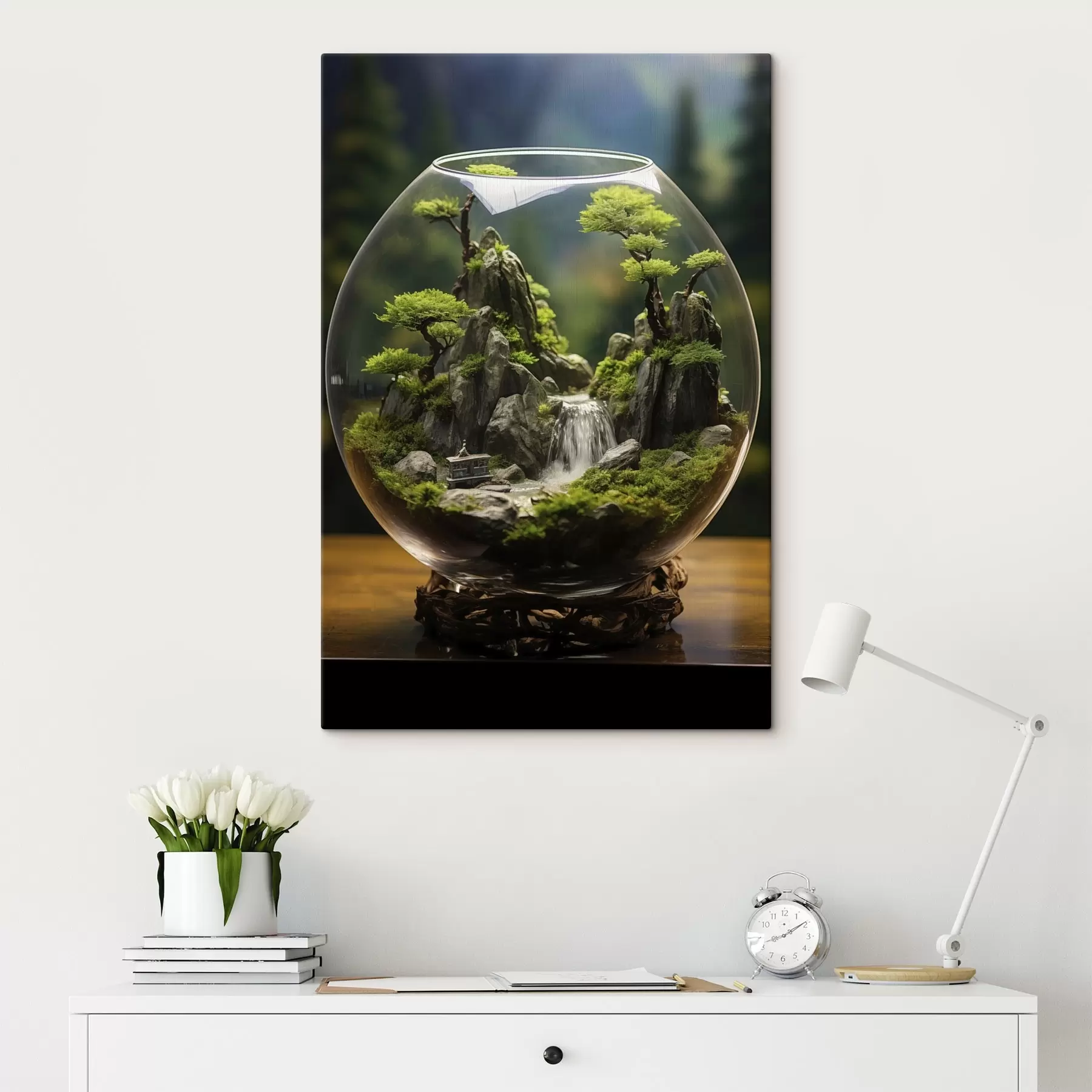 Fototapete Miniaturlandschaft mit Wasserfall in einer Glaskugel s45502