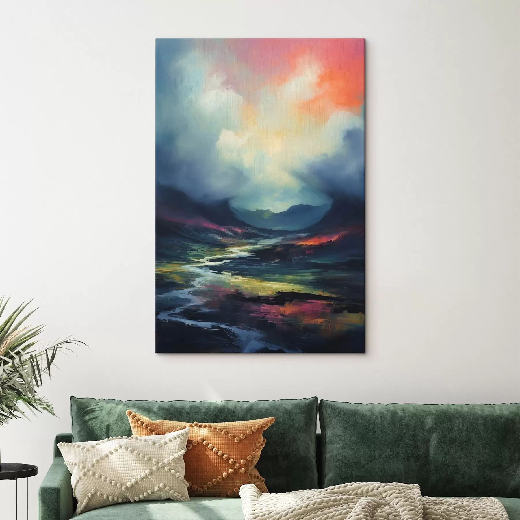 Fototapete Abstrakte Landschaft mit einem Fluss und Bergen s45627