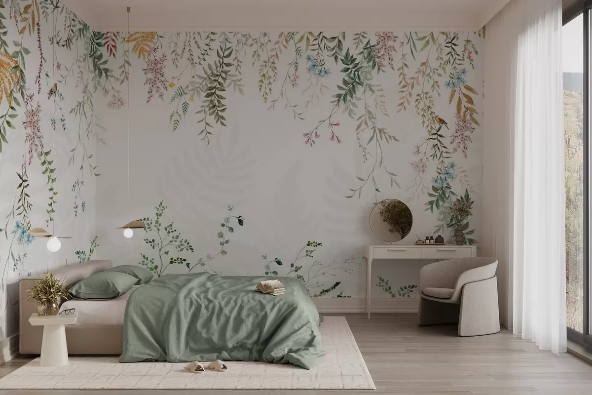 Fototapete Botanische Illustration mit Farnen, Gras und hängenden Pflanzen, Pastelltöne, auf weißem Hintergrund Aquarell strukturierten Stil w09364