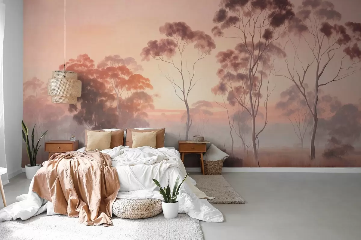 Fototapete Eine Landschaft mit Eukalyptusbäumen in einem Feld mit Pastell rosa und orange Himmel, ein leichter Nebel, Malerei texturierten Stil w09367
