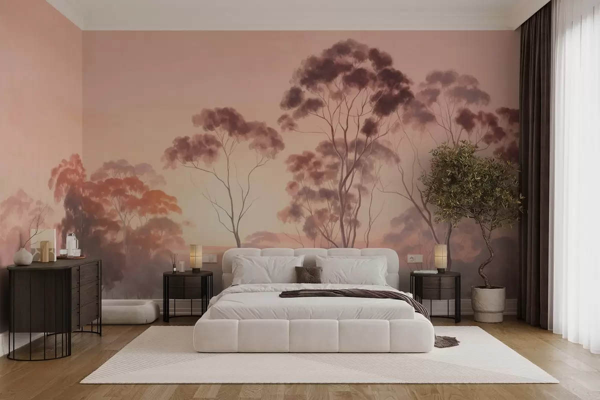 Fototapete Eine Landschaft mit Eukalyptusbäumen in einem Feld mit Pastell rosa und orange Himmel, ein leichter Nebel, Malerei texturierten Stil w09367