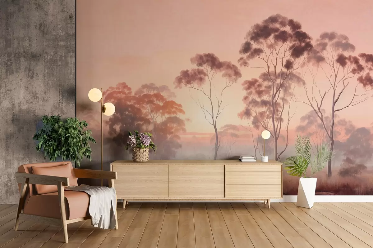 Fototapete Eine Landschaft mit Eukalyptusbäumen in einem Feld mit Pastell rosa und orange Himmel, ein leichter Nebel, Malerei texturierten Stil w09367