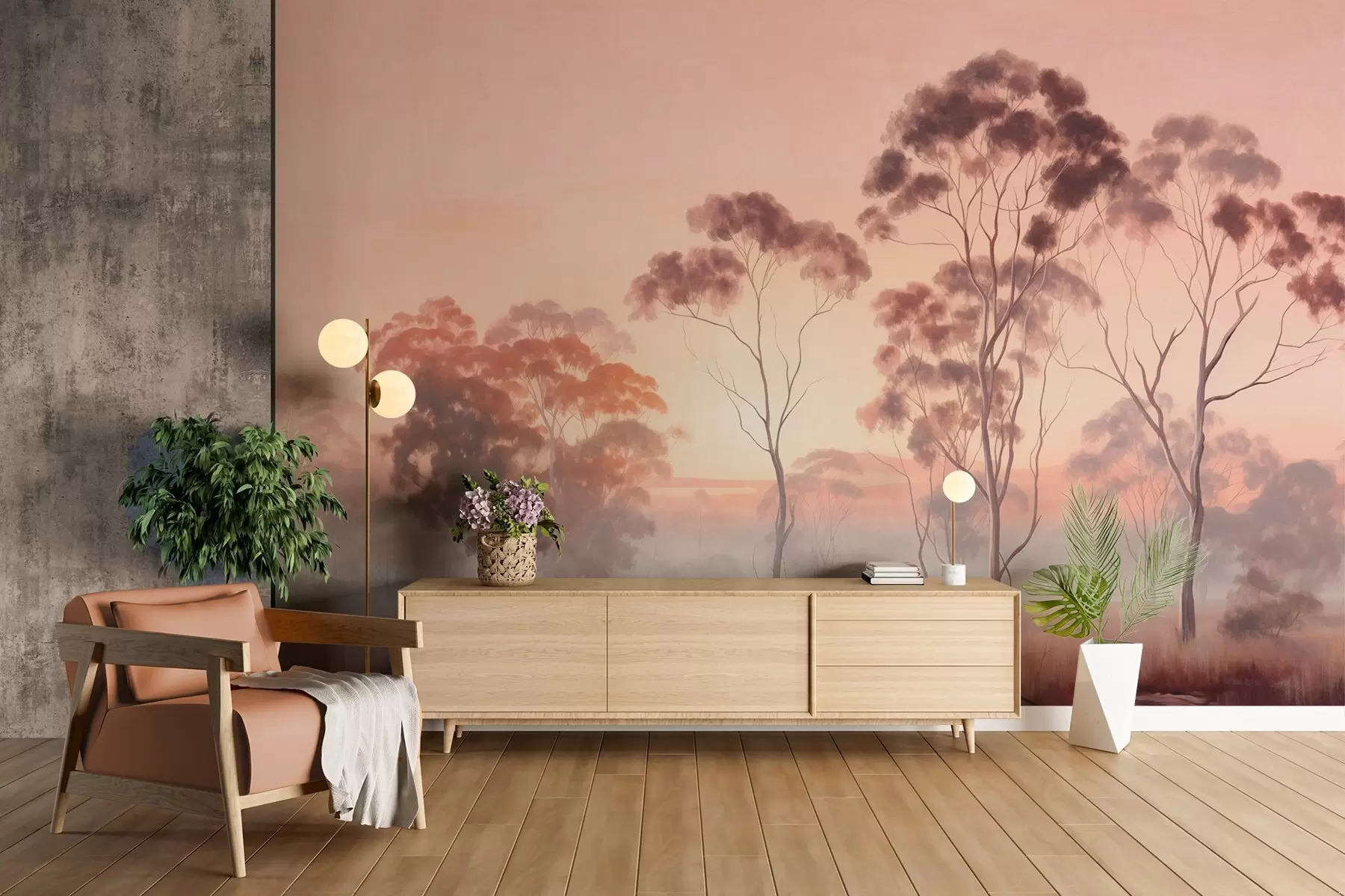Fototapete Eine Landschaft mit Eukalyptusbäumen in einem Feld mit Pastell rosa und orange Himmel, ein leichter Nebel, Malerei texturierten Stil w09367