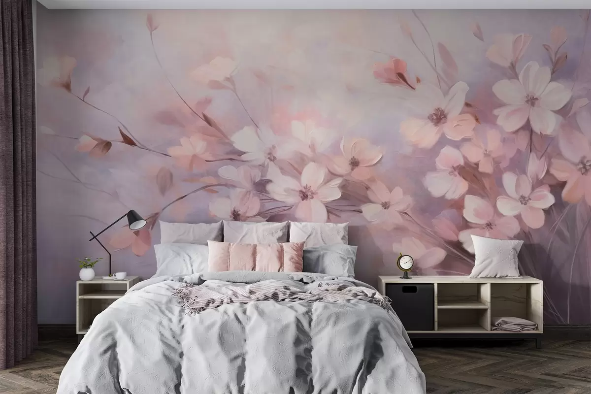 Fototapete Ein Blumenarrangement mit zarten Blumen mit weichen, verschwommenen Rändern vor einem pastellfarbenen Hintergrund aus Lavendel und hellen Rosatönen w09369