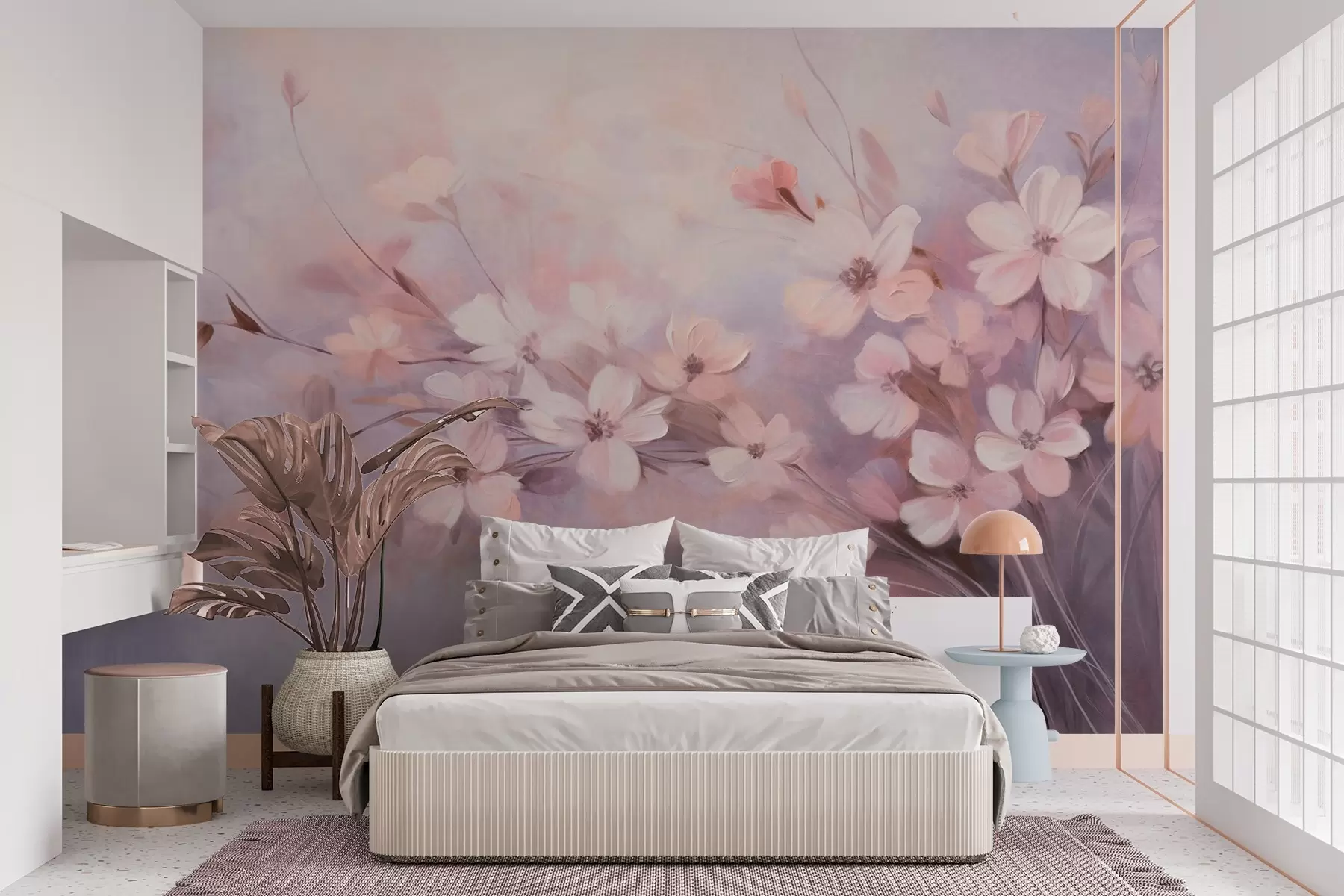 Fototapete Ein Blumenarrangement mit zarten Blumen mit weichen, verschwommenen Rändern vor einem pastellfarbenen Hintergrund aus Lavendel und hellen Rosatönen w09369
