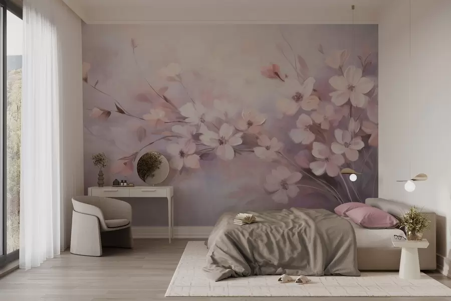 Fototapete Ein Blumenarrangement mit zarten Blumen mit weichen, verschwommenen Rändern vor einem pastellfarbenen Hintergrund aus Lavendel und hellen Rosatönen w09369