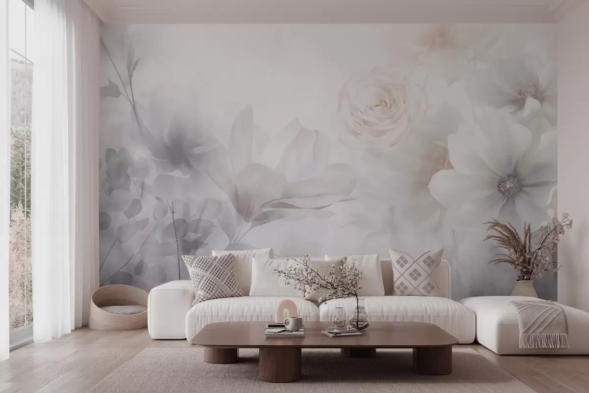 Fototapete Ein zartes abstraktes Blumenarrangement mit pastellrosa Rosen und Magnolien, Weichzeichner, hellgrauer Hintergrund w09371