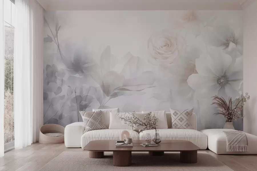 Fototapete Ein zartes abstraktes Blumenarrangement mit pastellrosa Rosen und Magnolien, Weichzeichner, hellgrauer Hintergrund w09371