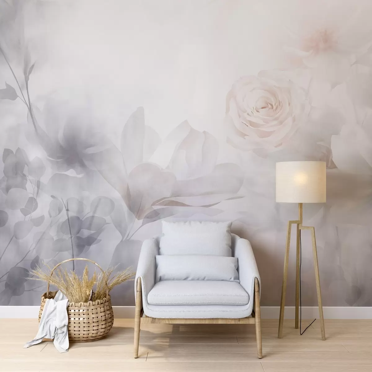 Fototapete Ein zartes abstraktes Blumenarrangement mit pastellrosa Rosen und Magnolien, Weichzeichner, hellgrauer Hintergrund w09371