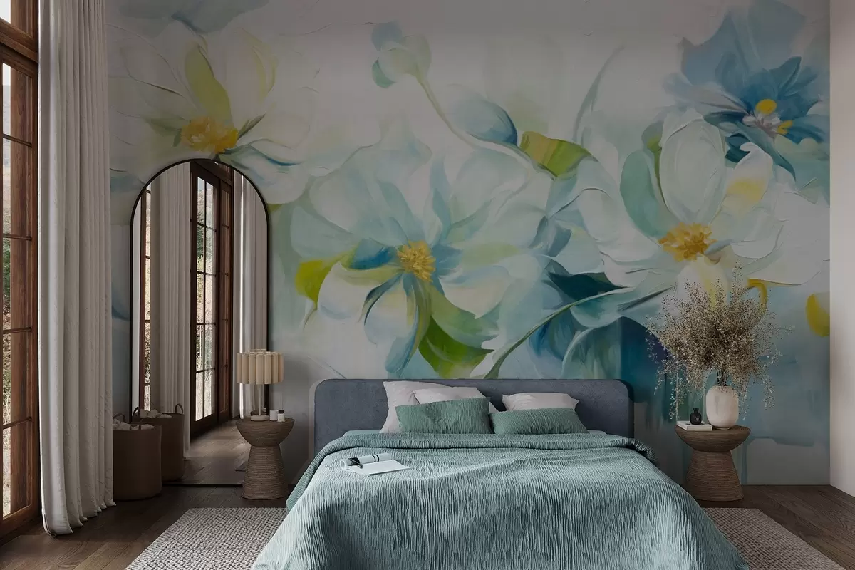 Fototapete Abstrakte weiße und blaue Blumen mit gelben Stempeln und grünen Blättern, auf weißem Hintergrund, strukturierte Malerei Stil w09372