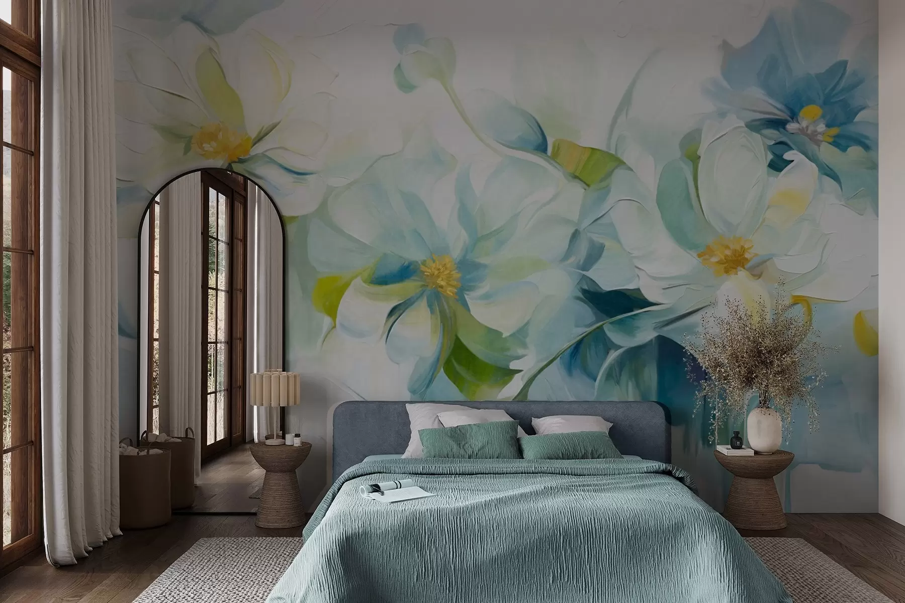 Fototapete Abstrakte weiße und blaue Blumen mit gelben Stempeln und grünen Blättern, auf weißem Hintergrund, strukturierte Malerei Stil w09372