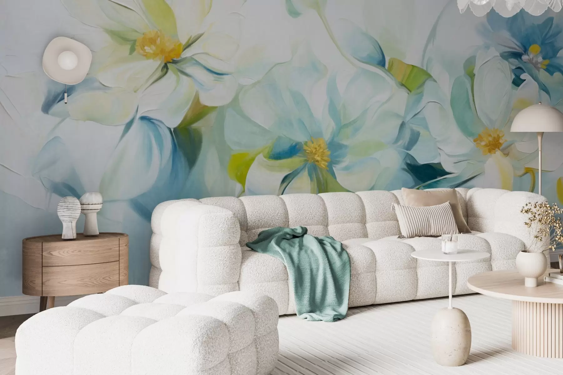 Fototapete Abstrakte weiße und blaue Blumen mit gelben Stempeln und grünen Blättern, auf weißem Hintergrund, strukturierte Malerei Stil w09372