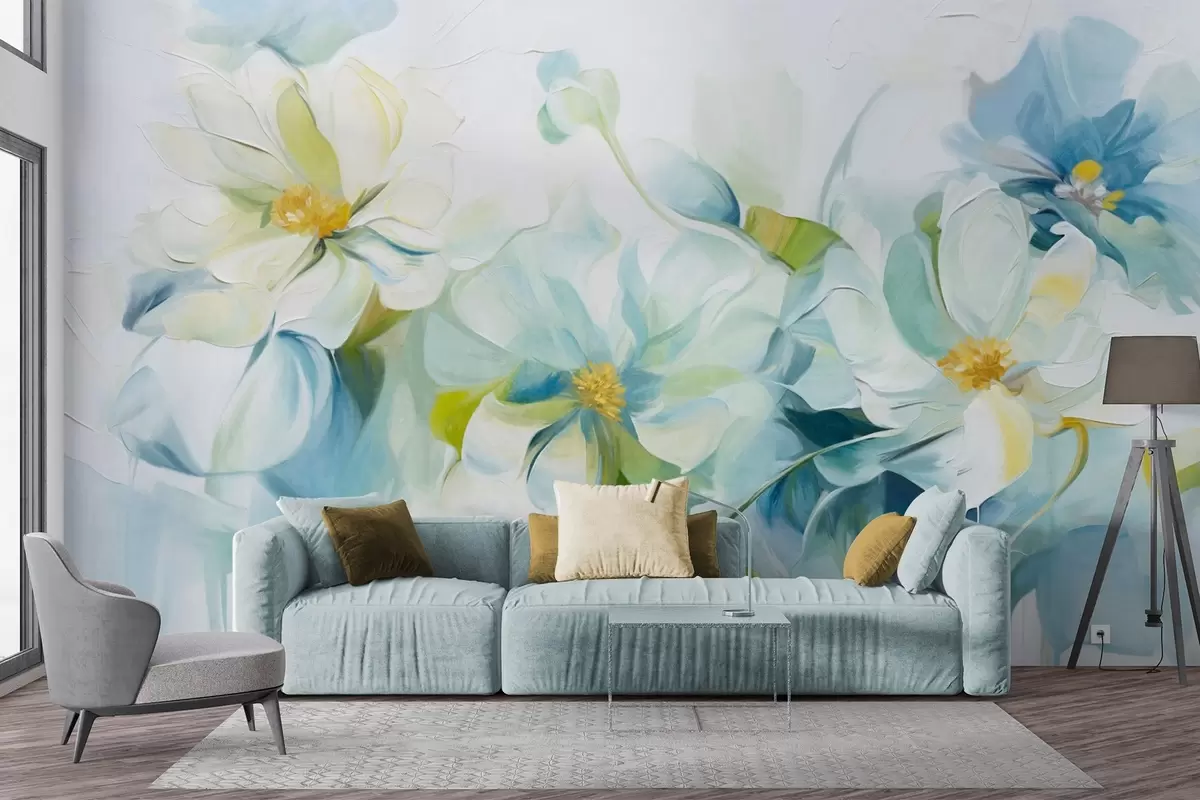 Fototapete Abstrakte weiße und blaue Blumen mit gelben Stempeln und grünen Blättern, auf weißem Hintergrund, strukturierte Malerei Stil w09372