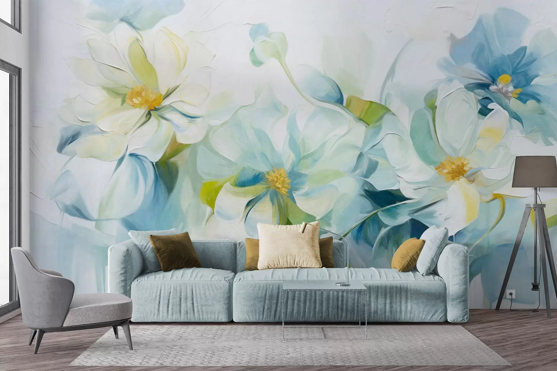 Fototapete Abstrakte weiße und blaue Blumen mit gelben Stempeln und grünen Blättern, auf weißem Hintergrund, strukturierte Malerei Stil w09372