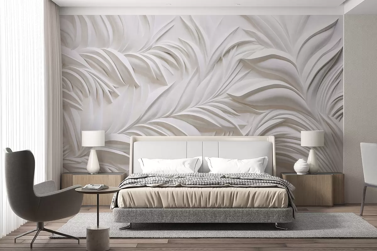 Fototapete Abstrakte, strukturierte weiße Blätter und florale Elemente, minimalistische Ästhetik w09378