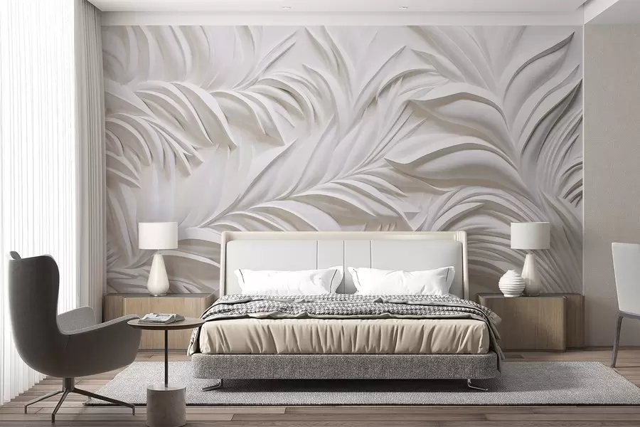 Fototapete Abstrakte, strukturierte weiße Blätter und florale Elemente, minimalistische Ästhetik w09378