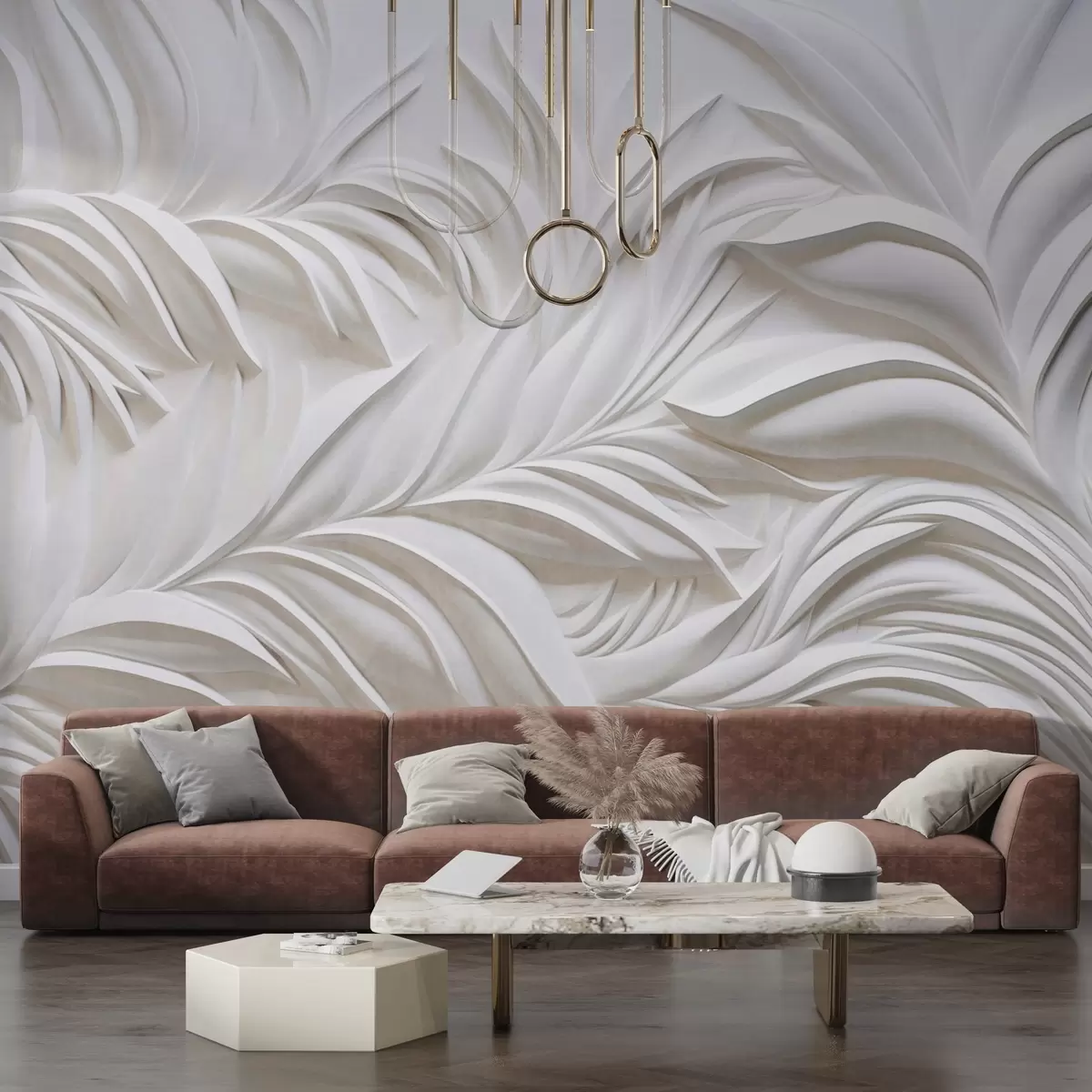 Fototapete Abstrakte, strukturierte weiße Blätter und florale Elemente, minimalistische Ästhetik w09378