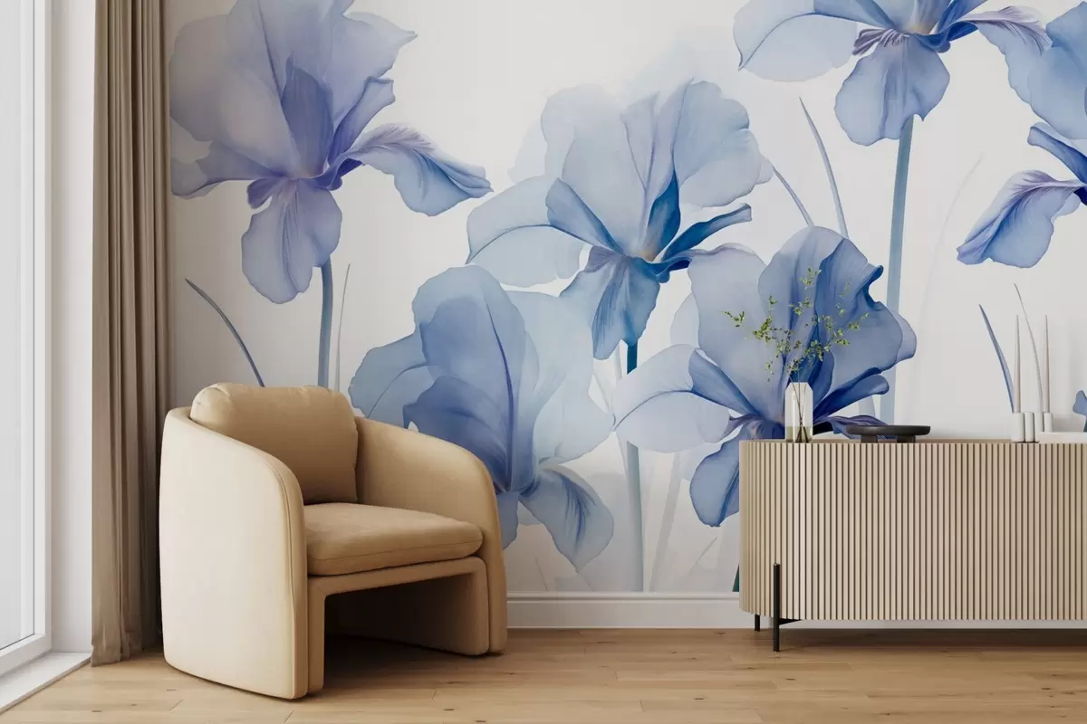 Fototapete Blaue Irisblüten mit durchscheinenden Blütenblättern und langen Stielen, in einer Reihe vor einem blauen Hintergrund angeordnet, weich und strukturiert w09379