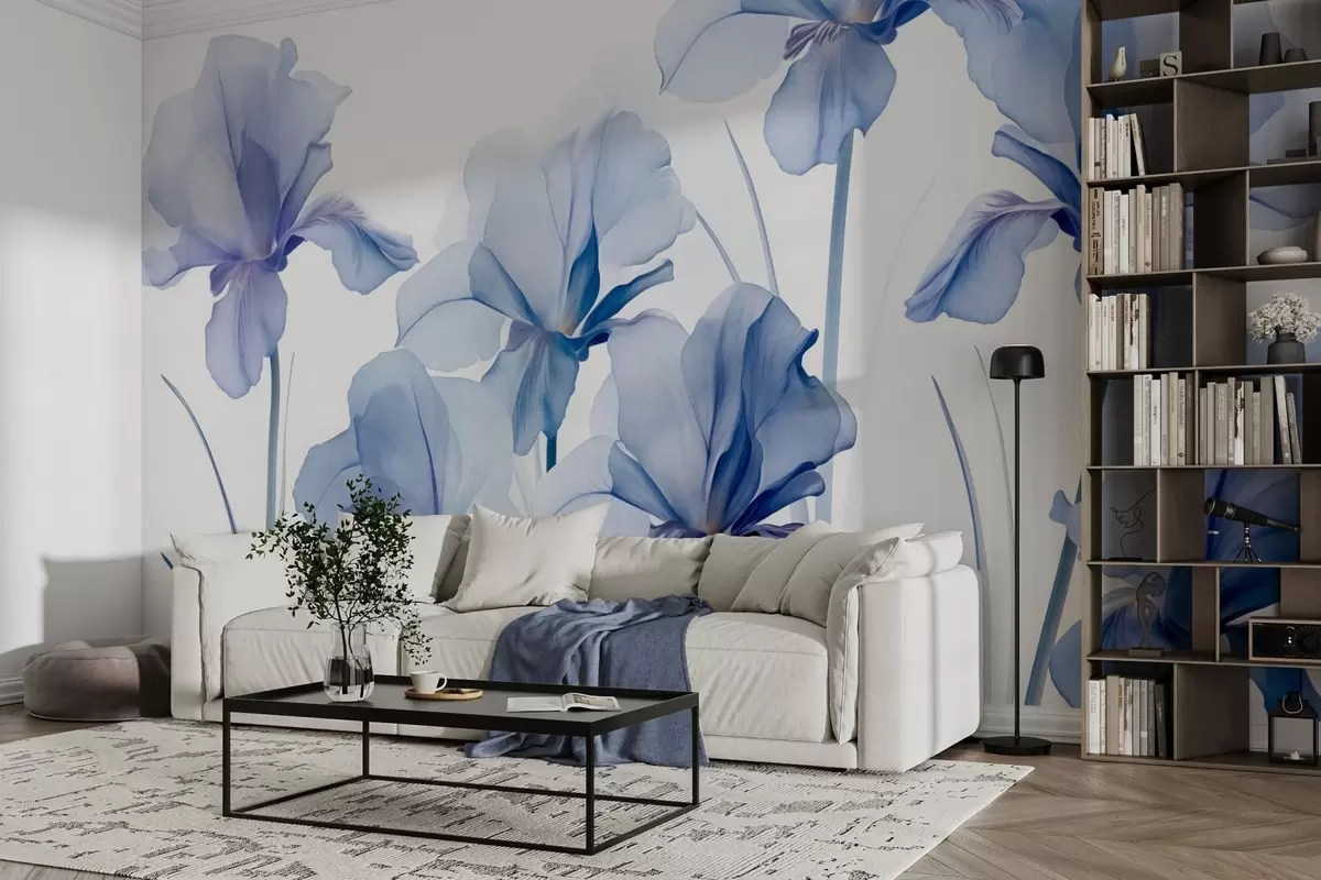 Fototapete Blaue Irisblüten mit durchscheinenden Blütenblättern und langen Stielen, in einer Reihe vor einem blauen Hintergrund angeordnet, weich und strukturiert w09379