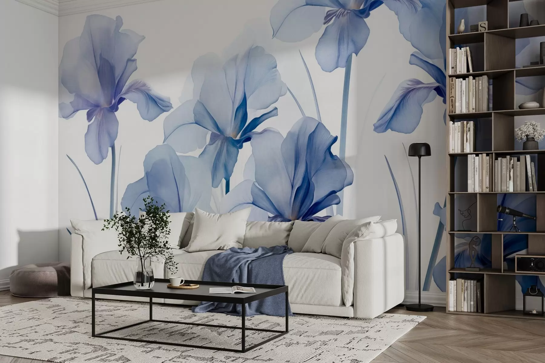 Fototapete Blaue Irisblüten mit durchscheinenden Blütenblättern und langen Stielen, in einer Reihe vor einem blauen Hintergrund angeordnet, weich und strukturiert w09379