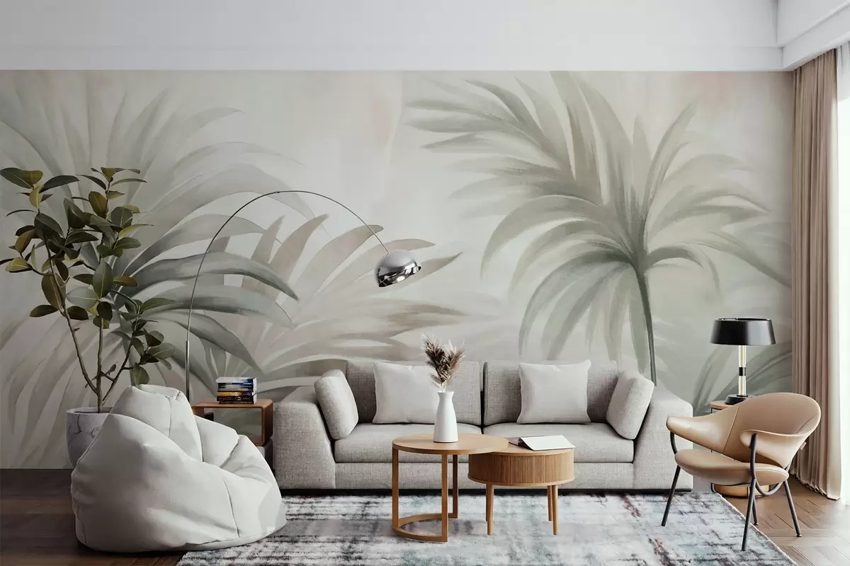 Fototapete Palme strukturierte Blätter in neutralen Farben, beige abstrakten Hintergrund, weiche Pinselstriche, tropischen strukturierten Laub w09380