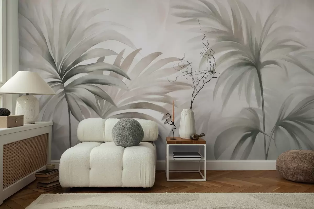 Fototapete Palme strukturierte Blätter in neutralen Farben, beige abstrakten Hintergrund, weiche Pinselstriche, tropischen strukturierten Laub w09380