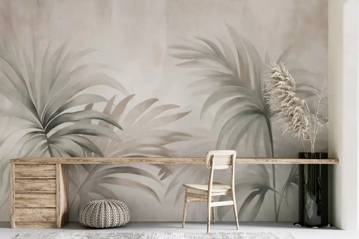 Fototapete Palme strukturierte Blätter in neutralen Farben, beige abstrakten Hintergrund, weiche Pinselstriche, tropischen strukturierten Laub w09380