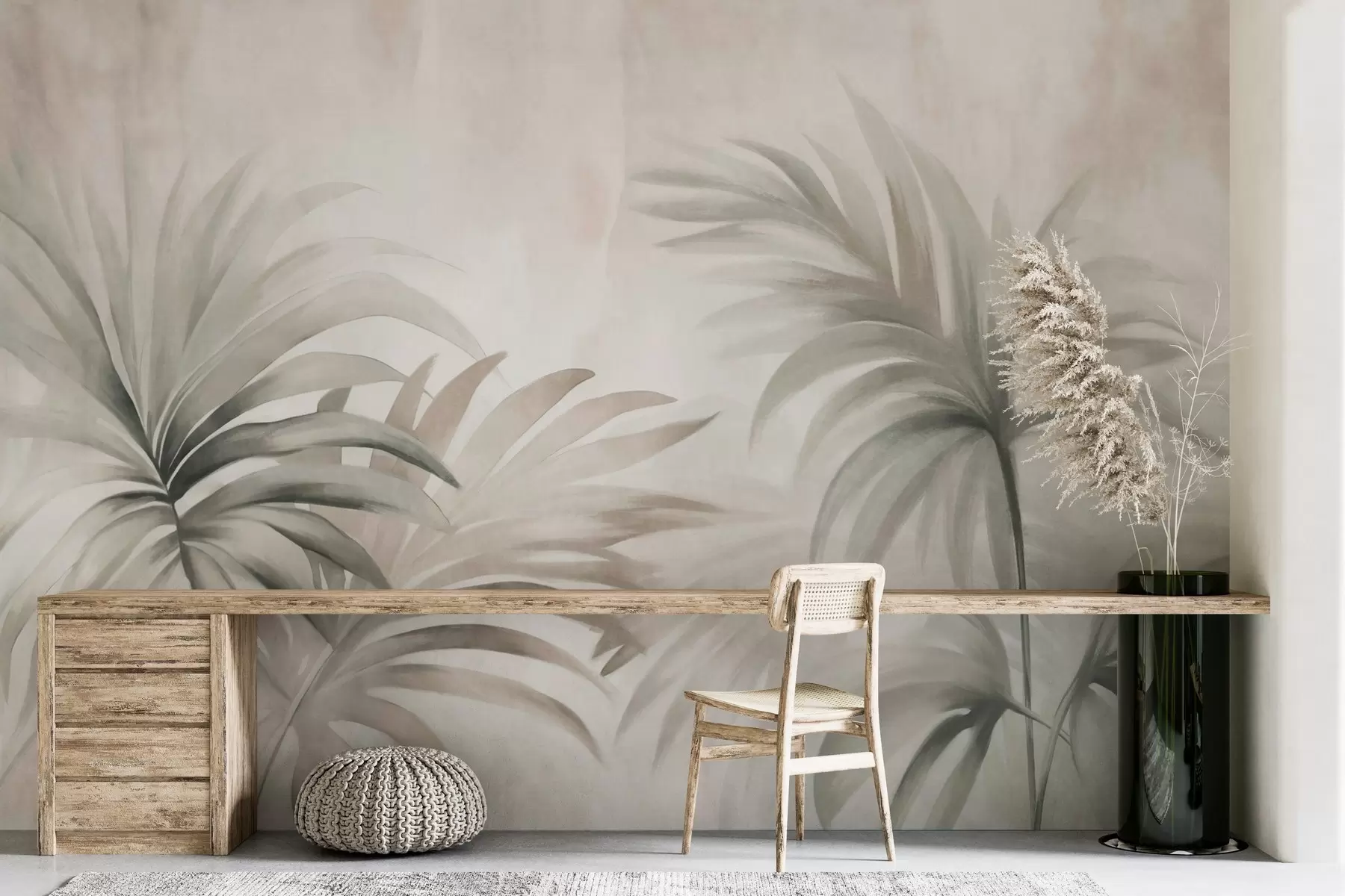 Fototapete Palme strukturierte Blätter in neutralen Farben, beige abstrakten Hintergrund, weiche Pinselstriche, tropischen strukturierten Laub w09380