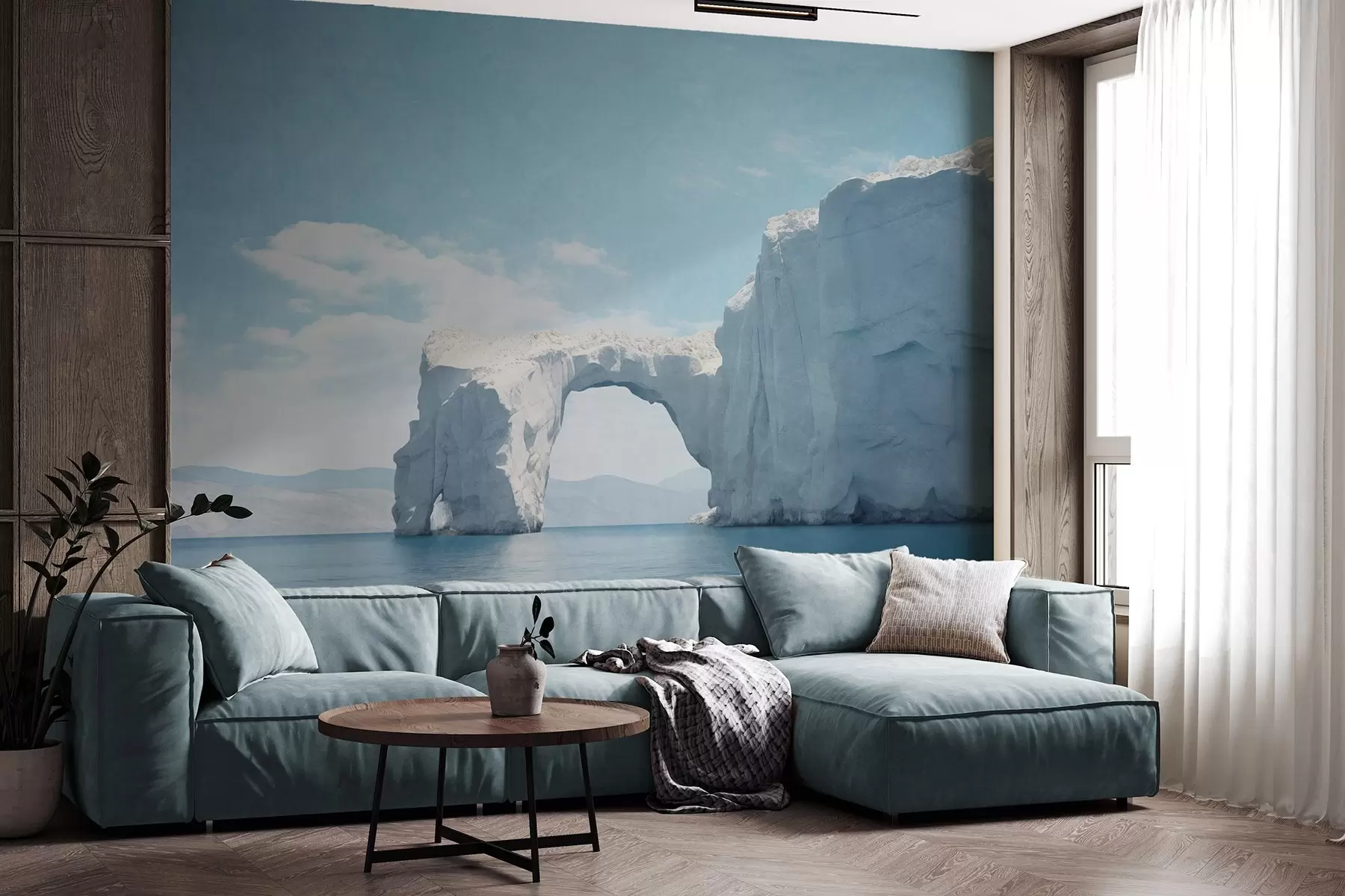Fototapete Landschaft mit natürlicher Eisbrücke über den Ozean, klarer blauer Himmel mit einigen Wolken, Texturdruck w09383
