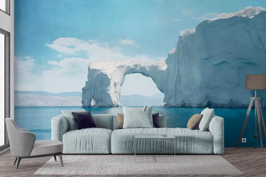 Fototapete Landschaft mit natürlicher Eisbrücke über den Ozean, klarer blauer Himmel mit einigen Wolken, Texturdruck w09383