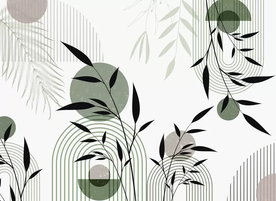 Fototapete Abstrakter Strukturdruck mit geometrischen Formen, Kreisen und Bögen sowie schwarzen und grünen Pflanzen auf weißem Hintergrund w09384