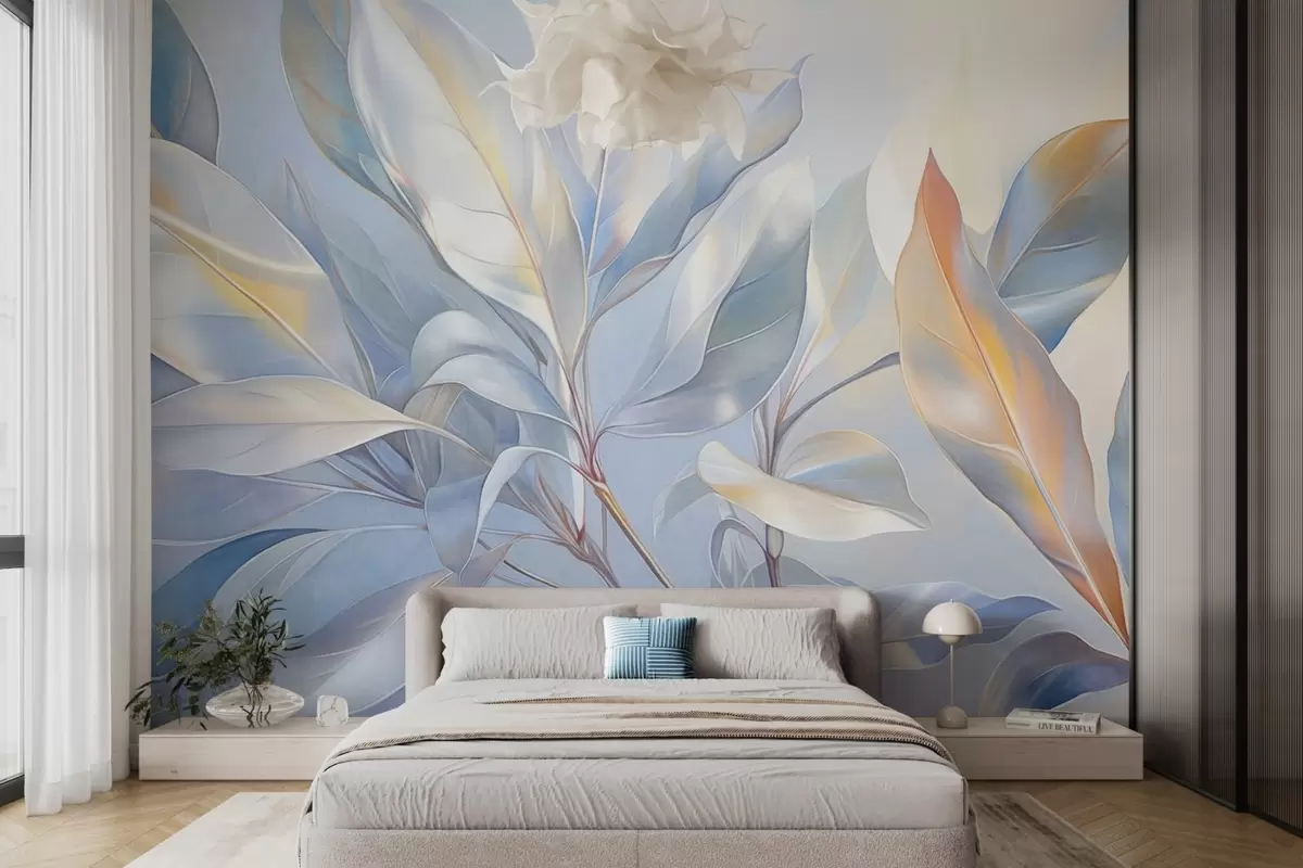 Fototapete Magnolienblätter mit weißen und blauen Tönen, weiche Beleuchtung, elegante Komposition, detaillierte Blattadern, künstlerische Pinselstriche w09385